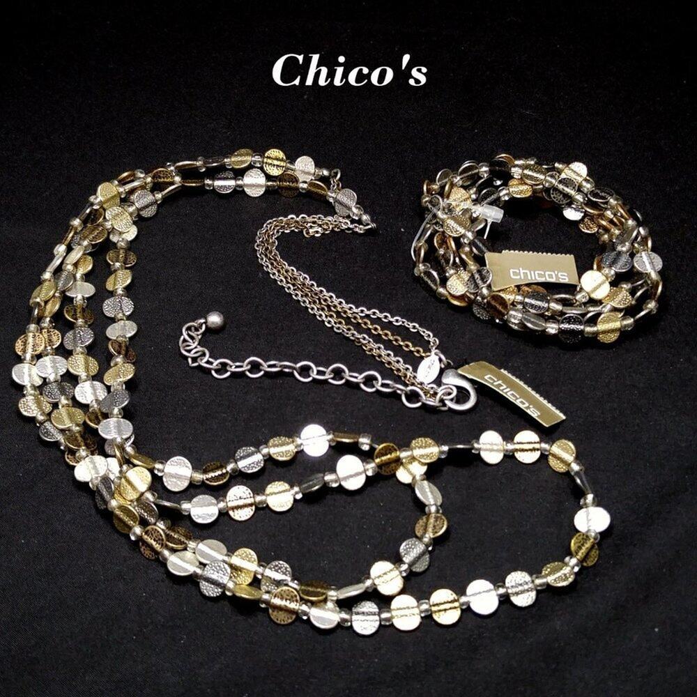 Chico’s Long Necklace 5 Bracelets Set Gold Silver Tone NWT